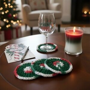 Coaster Set Hand Crafted Red White Green Christmas Holidays Crochet